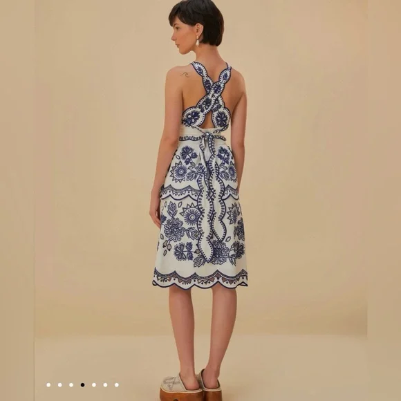 FARM RIO Off-White Cut Out Elegant Floral Halter Embroidered Linen Midi Dress - Picture 7 of 10